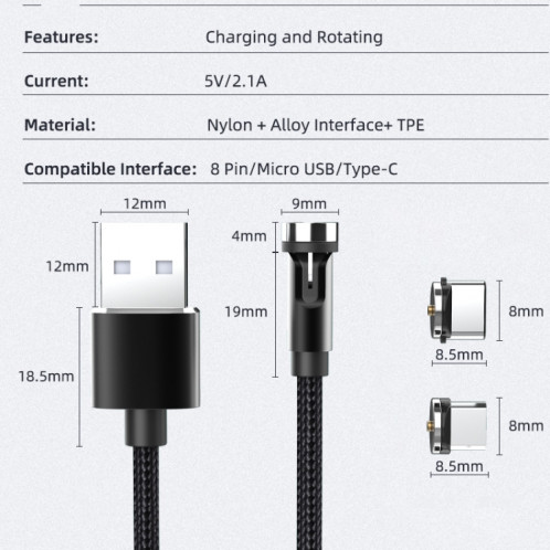 Câble de chargement de données rotatif CC56 USB vers Type-C / USB-C à interface magnétique avec prise anti-poussière, longueur du câble : 2 m (argent) SH502C1680-06